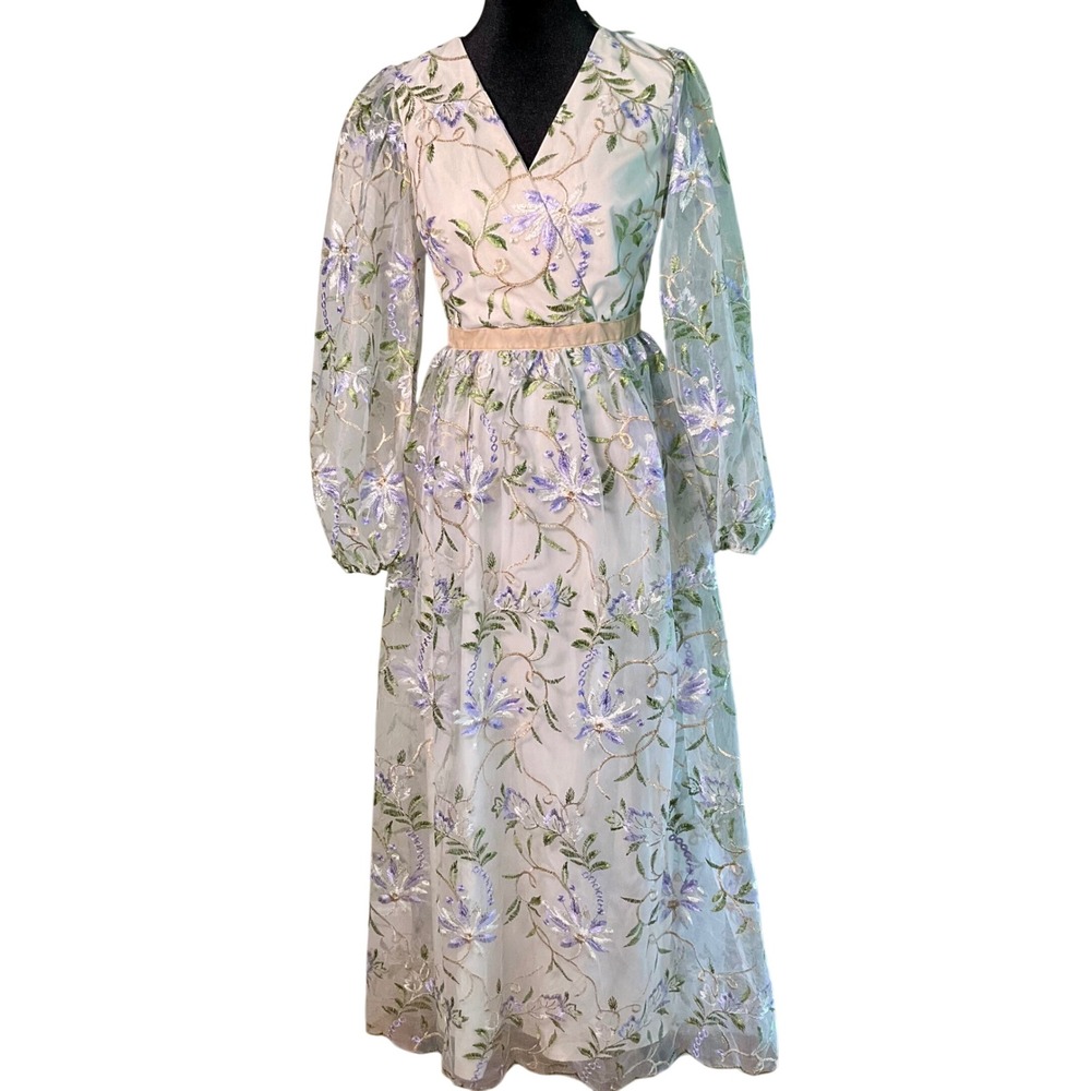 NWT Just Me Floral Embroidered Sheer Mesh Maxi Dress Small S Keyhole Cottagecore - Picture 1 of 16